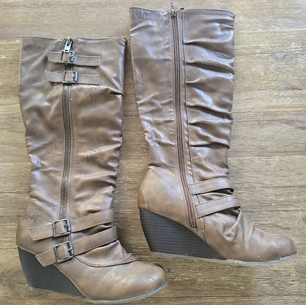 Blowfish Tan Wedge Knee-High Buckle Boots